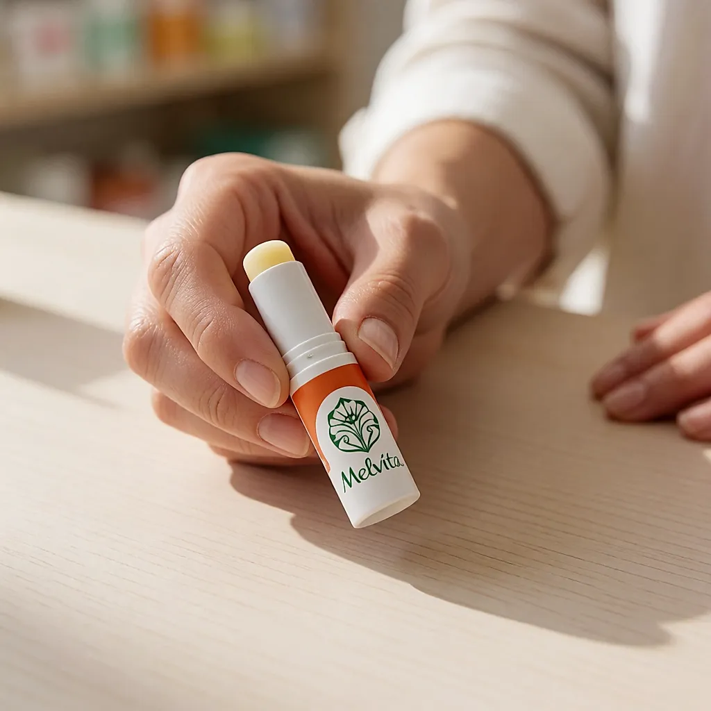 Eine Hand hält den weißen und orangefarbenen Bio-Lippenstift von Melvita über einer Ladentheke