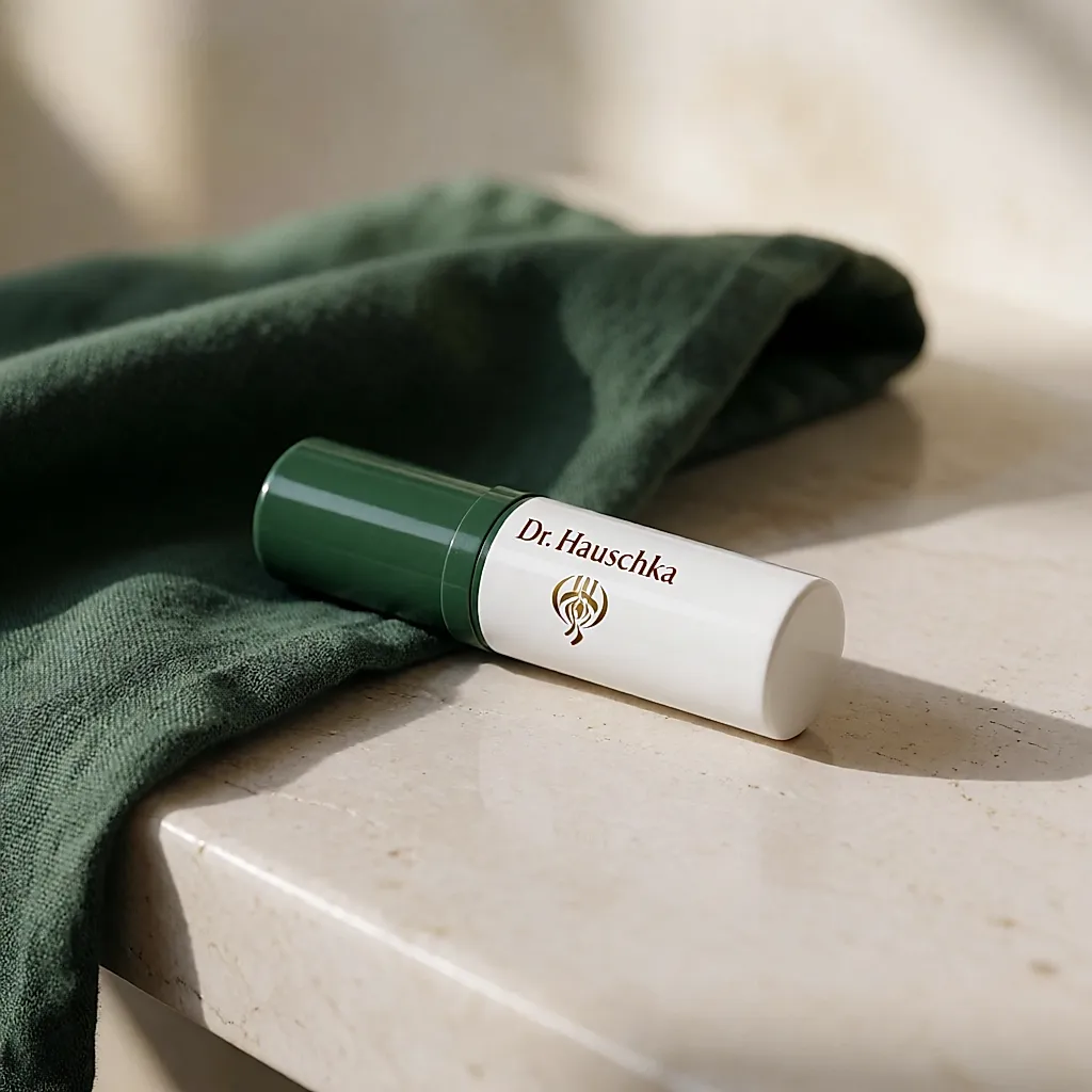 Der Lippenbalsam von Dr. Hauschka in dunkelgrüner Verpackung auf hellem Stein