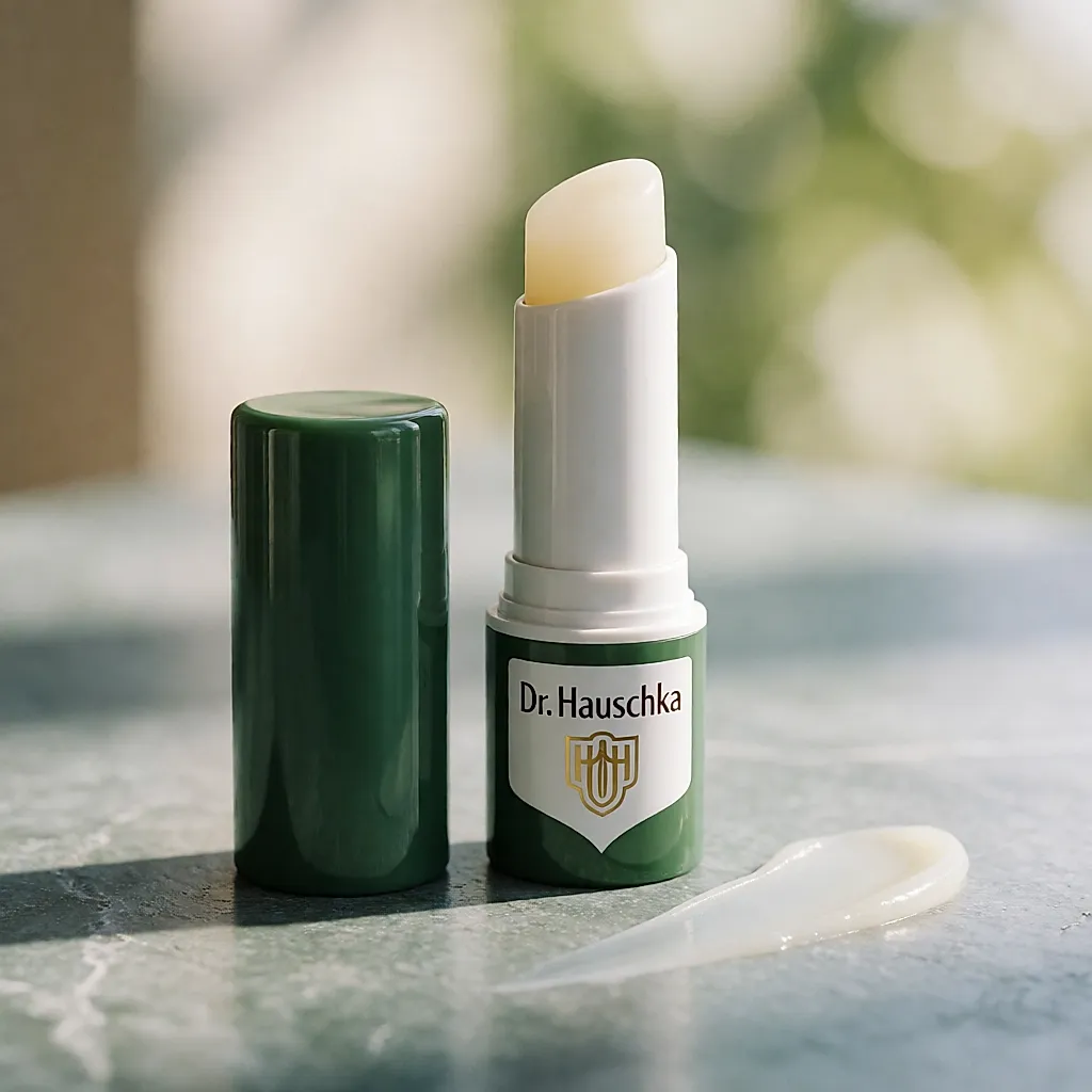 Dr. Hauschka Labimint Lippenpflege, geöffnet, mit einer feinen Balsamspur