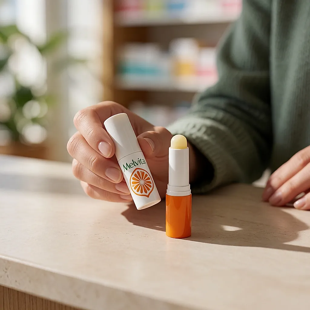 Der Bio-Lippenstift von Melvita, geöffnet, in einer Hand über der Ladentheke