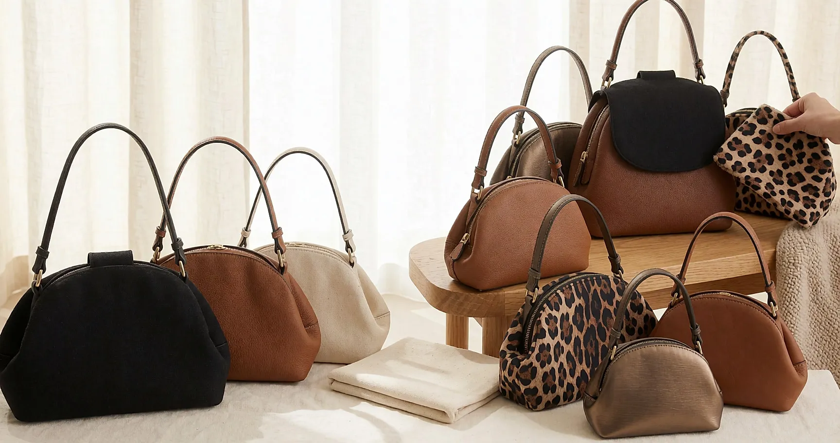 Sac en cuir cognac à parure noire posé sur un banc, entouré de trois parures interchangeables