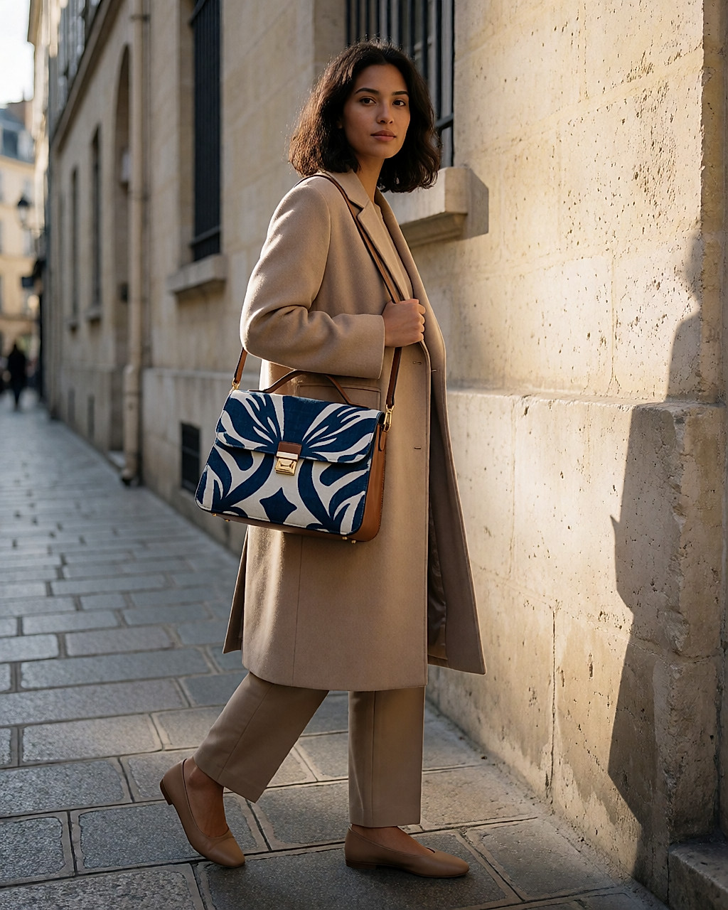 Femme en manteau beige uni portant un sac à parure imprimée, dans une rue pavée en fin de journée