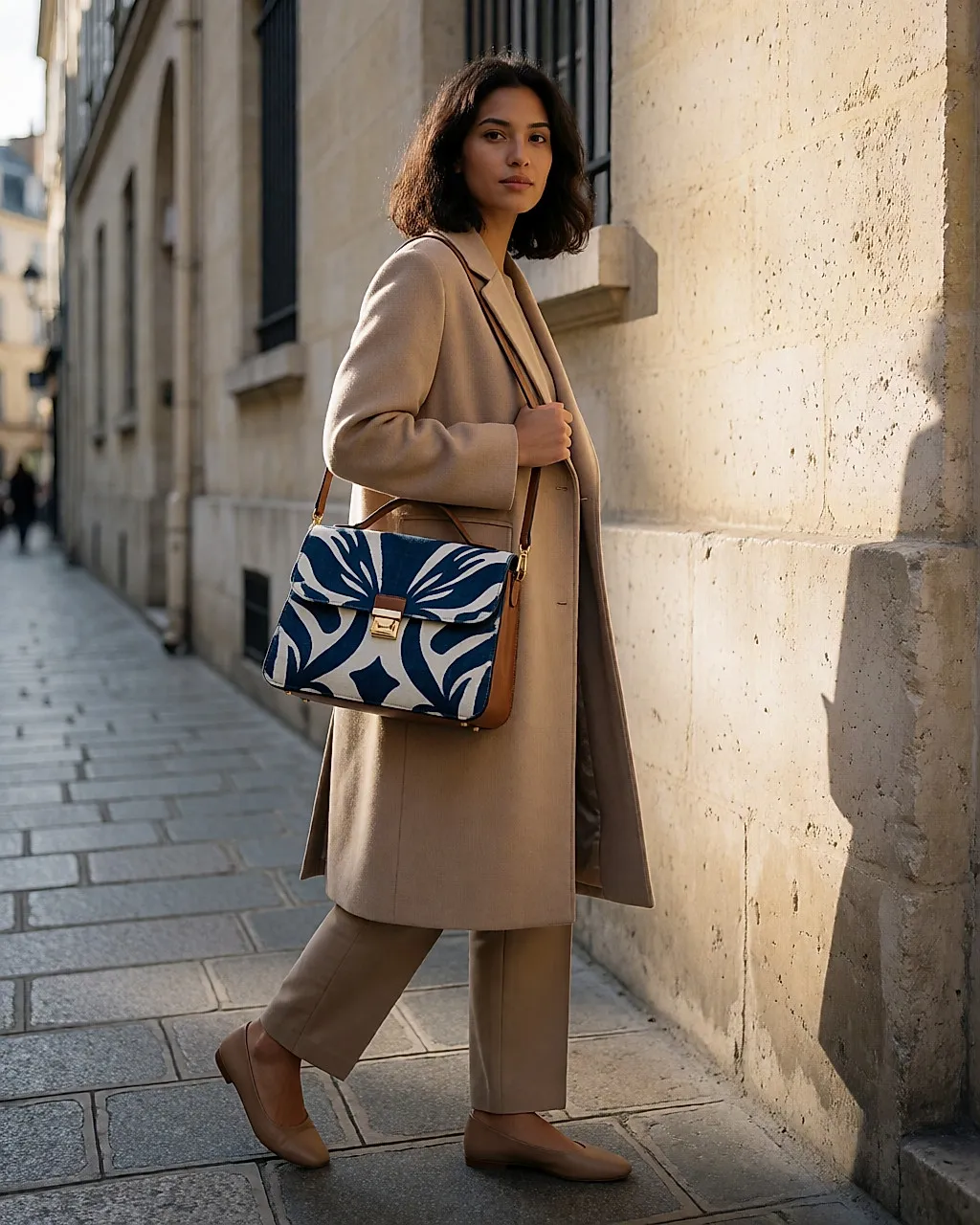 Femme en manteau beige uni portant un sac à parure imprimée, dans une rue pavée en fin de journée