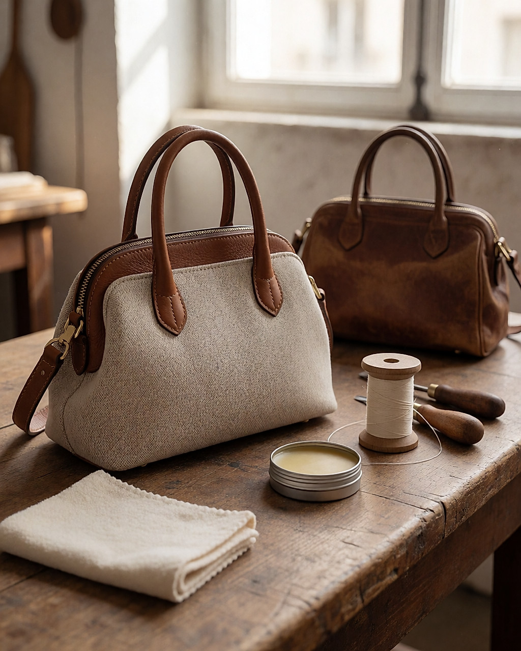 Sac en cuir et parure textile sur un établi avec baume, chiffon doux et fil de lin ciré