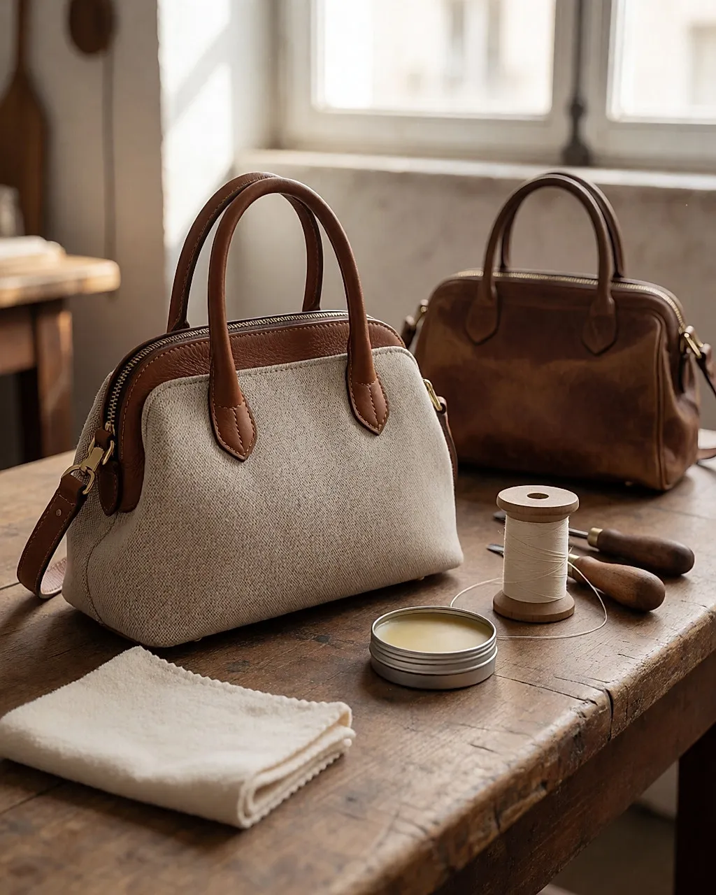Sac en cuir et parure textile sur un établi avec baume, chiffon doux et fil de lin ciré