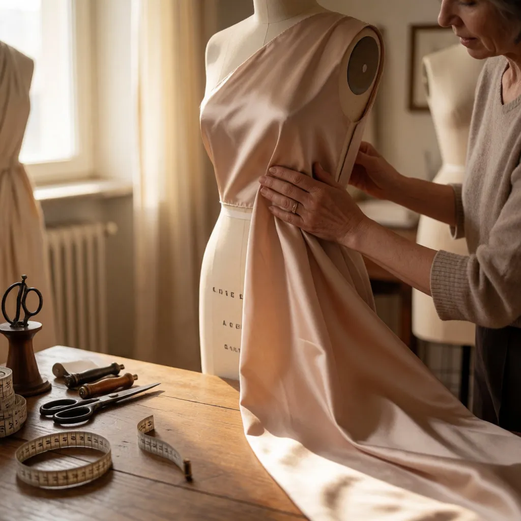 Hände einer Designerin glätten rosafarbenen Satin auf einer Schneiderpuppe in einem hellen Mailänder Atelier