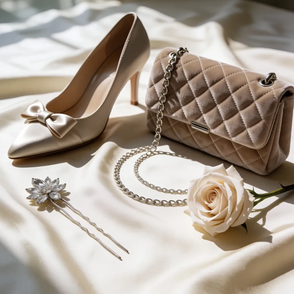 Stillleben mit Luxusaccessoires: Satinschuh, gesteppte Clutch, feine Ketten und eine Stoffrose