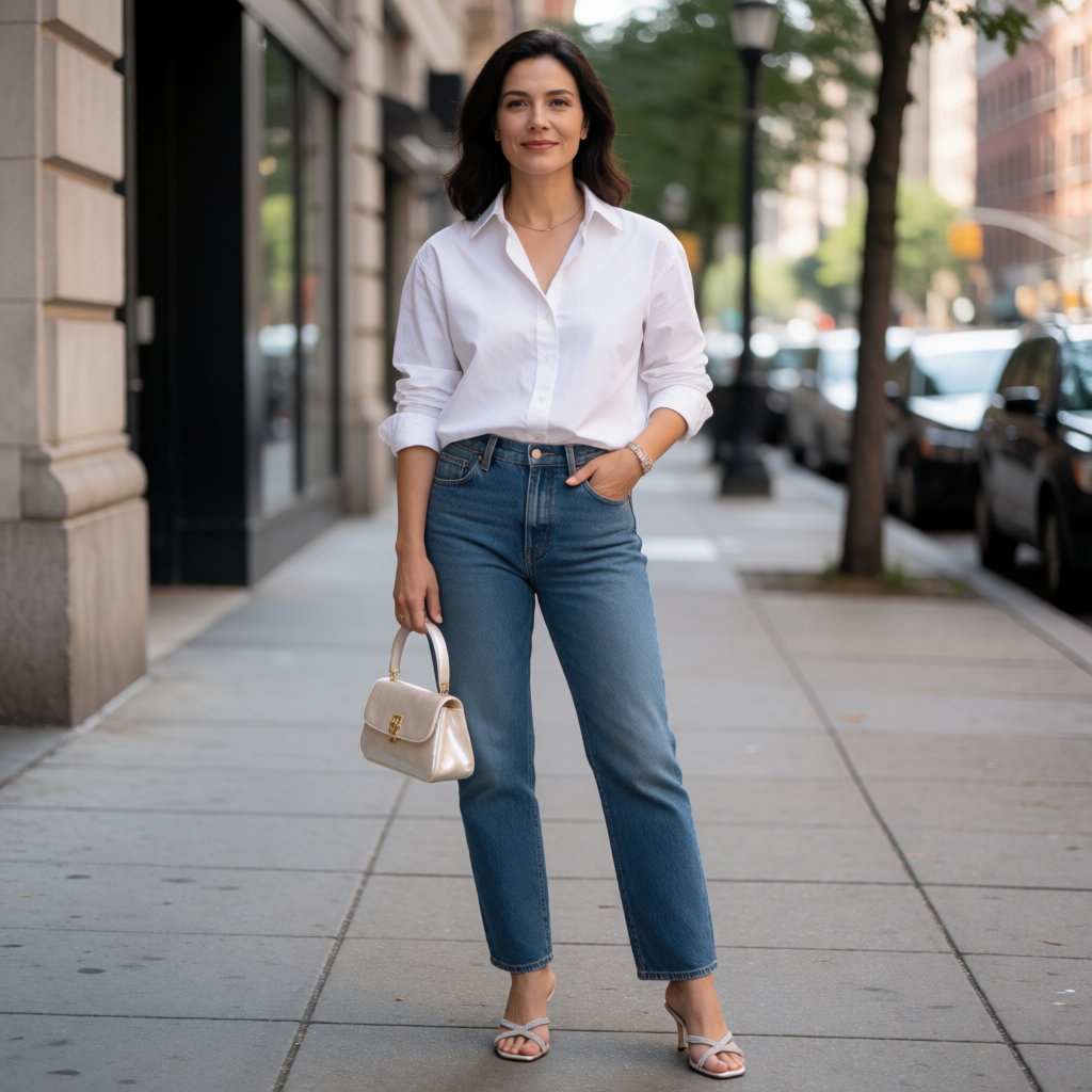 Femme en chemise blanche et jean brut portant un petit sac nacré et des sandales à strass