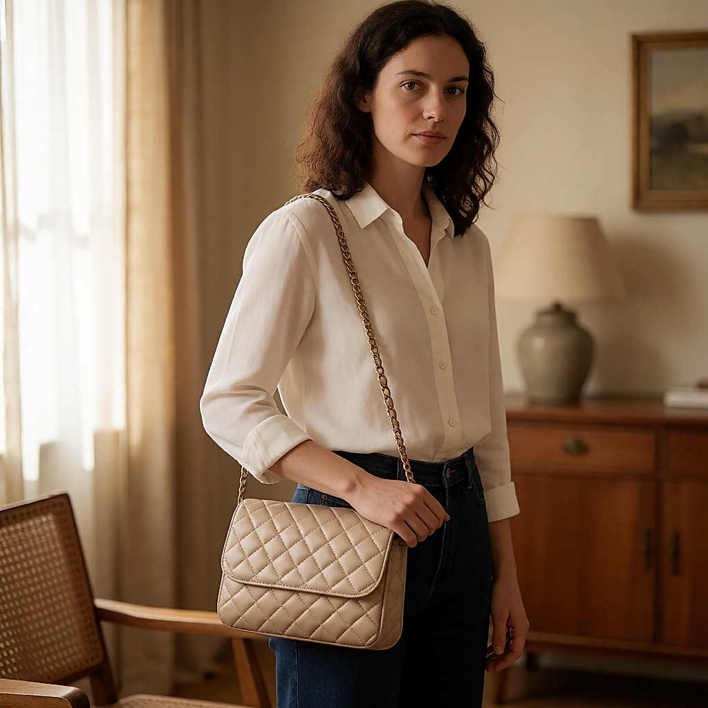 Jeune femme tenant une pochette matelassée en satin sous le bras dans un intérieur chaleureux