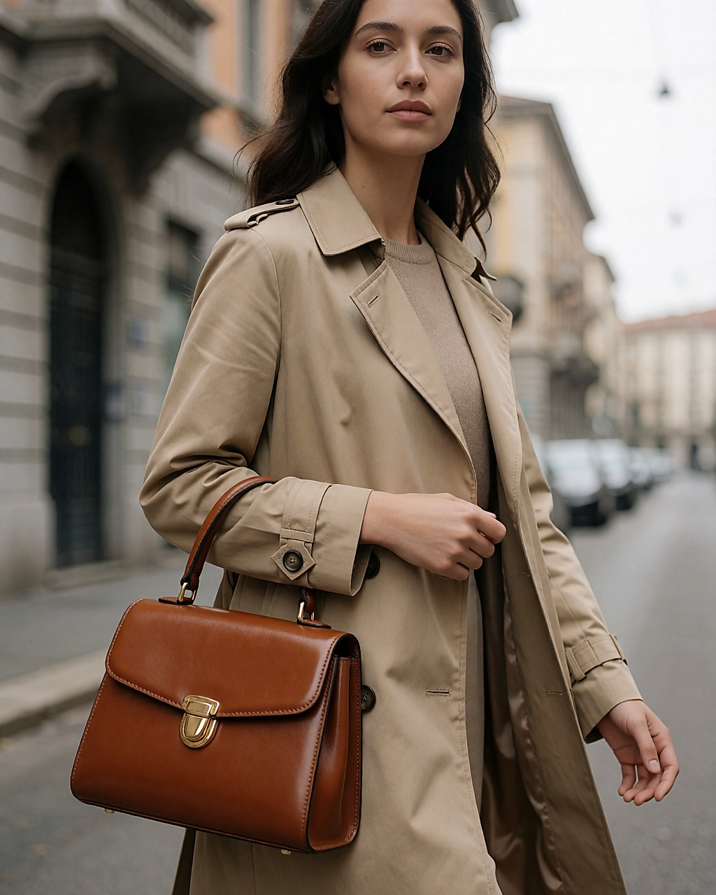 Femme en trench beige marchant dans Milan avec un sac à main rétro structuré en cuir caramel au bras