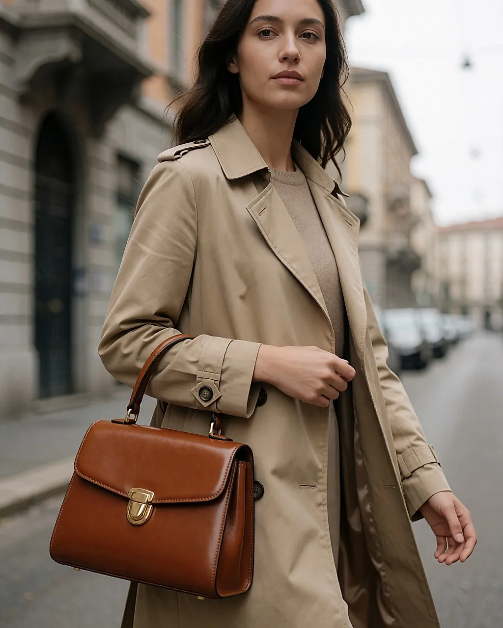 Frau im beigen Trenchcoat läuft mit einer strukturierten Retro-Handtasche aus karamellfarbenem Leder durch Mailand