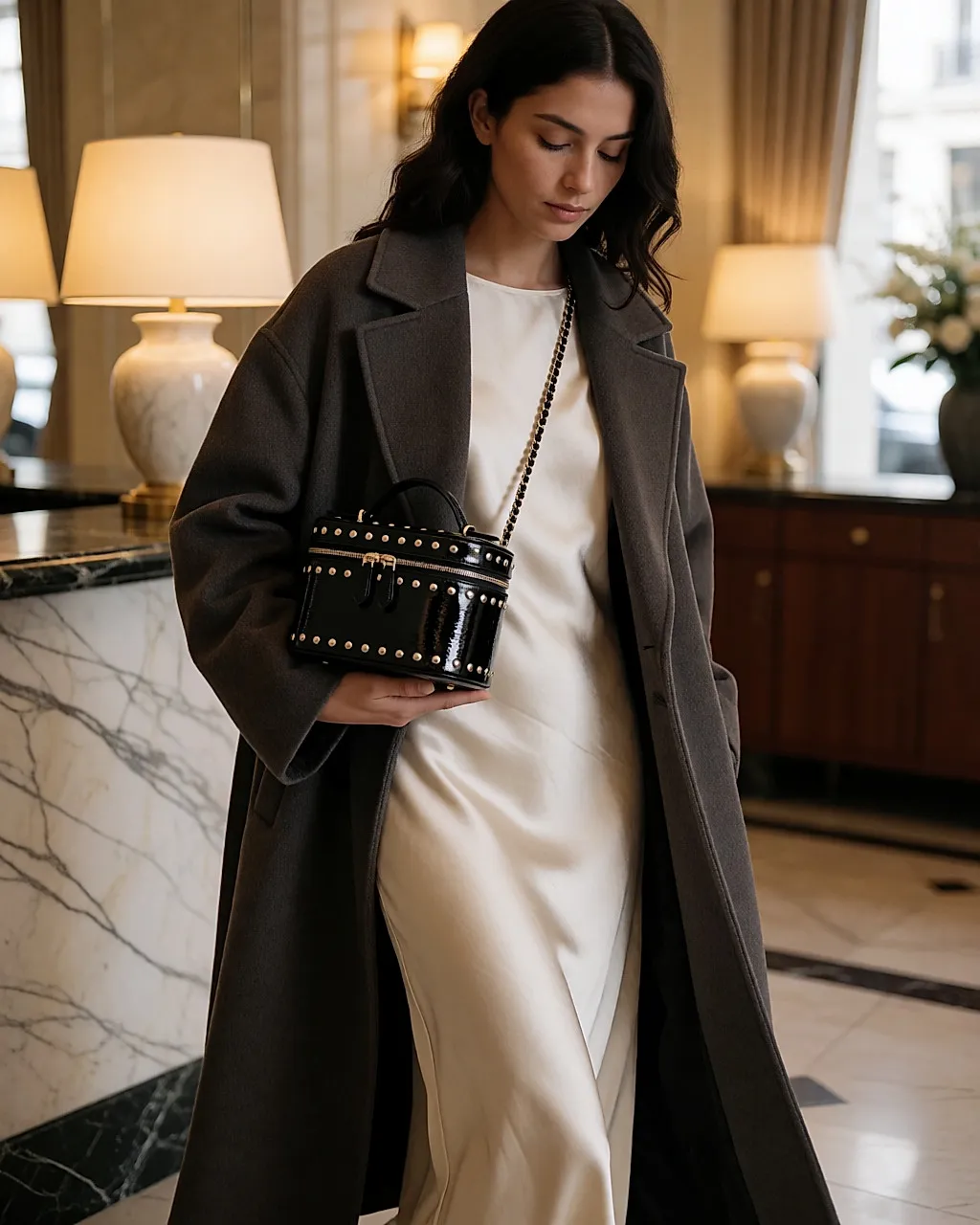 Vanity case en cuir verni clouté porté au creux du bras, vue de profil dans un hall d'hôtel