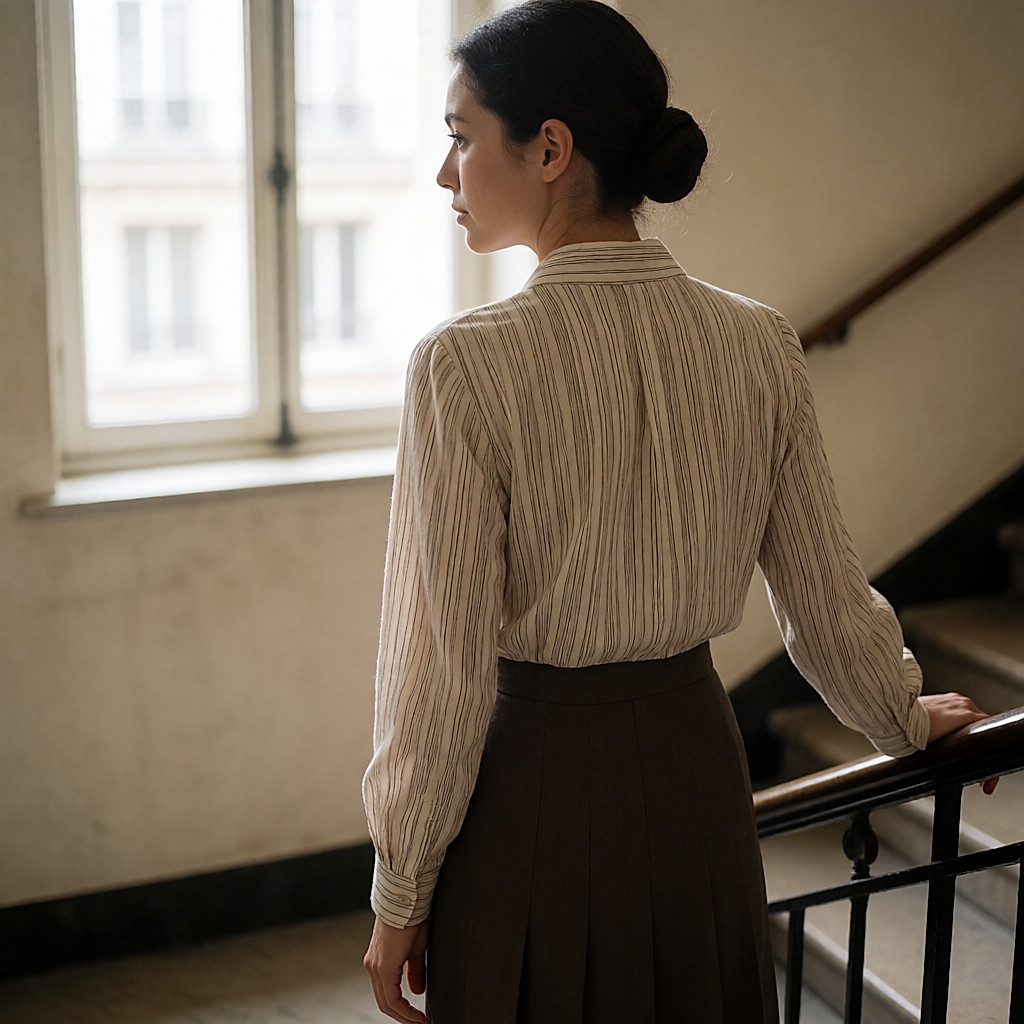 Hohe Satinstiefel mit Kristallen, von hinten getragen auf einer Treppe