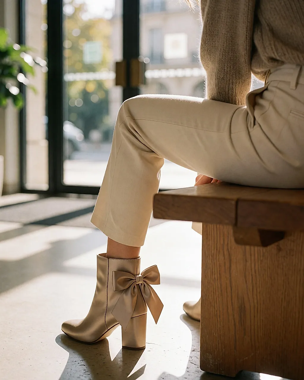 Stiefelette mit Satinschleife, Dreiviertel-Rückansicht in einer Hotelhalle
