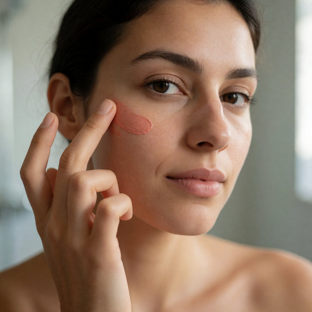 Jeune femme méditerranéenne tapotant du blush crème sur sa pommette du bout du doigt