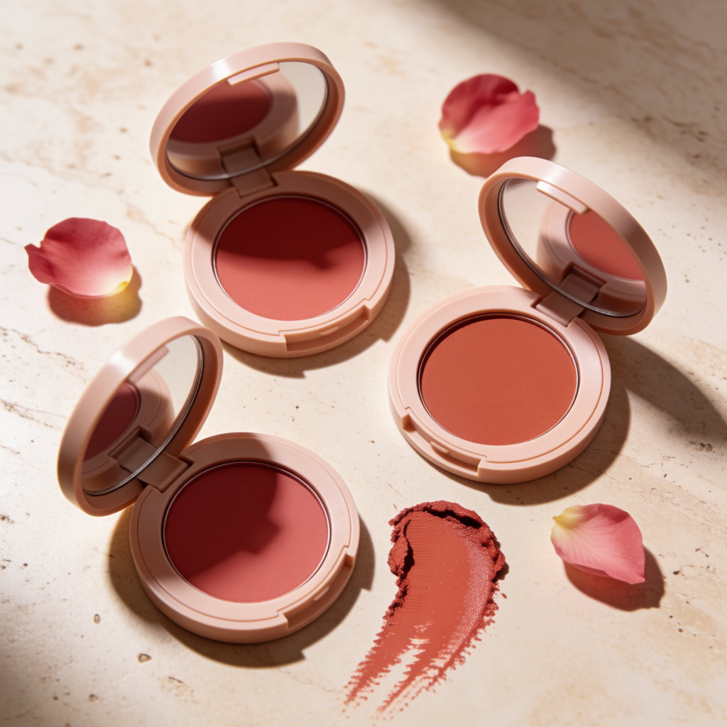 Trois godets de blush crème ouverts et leurs textures étalées sur une surface beige