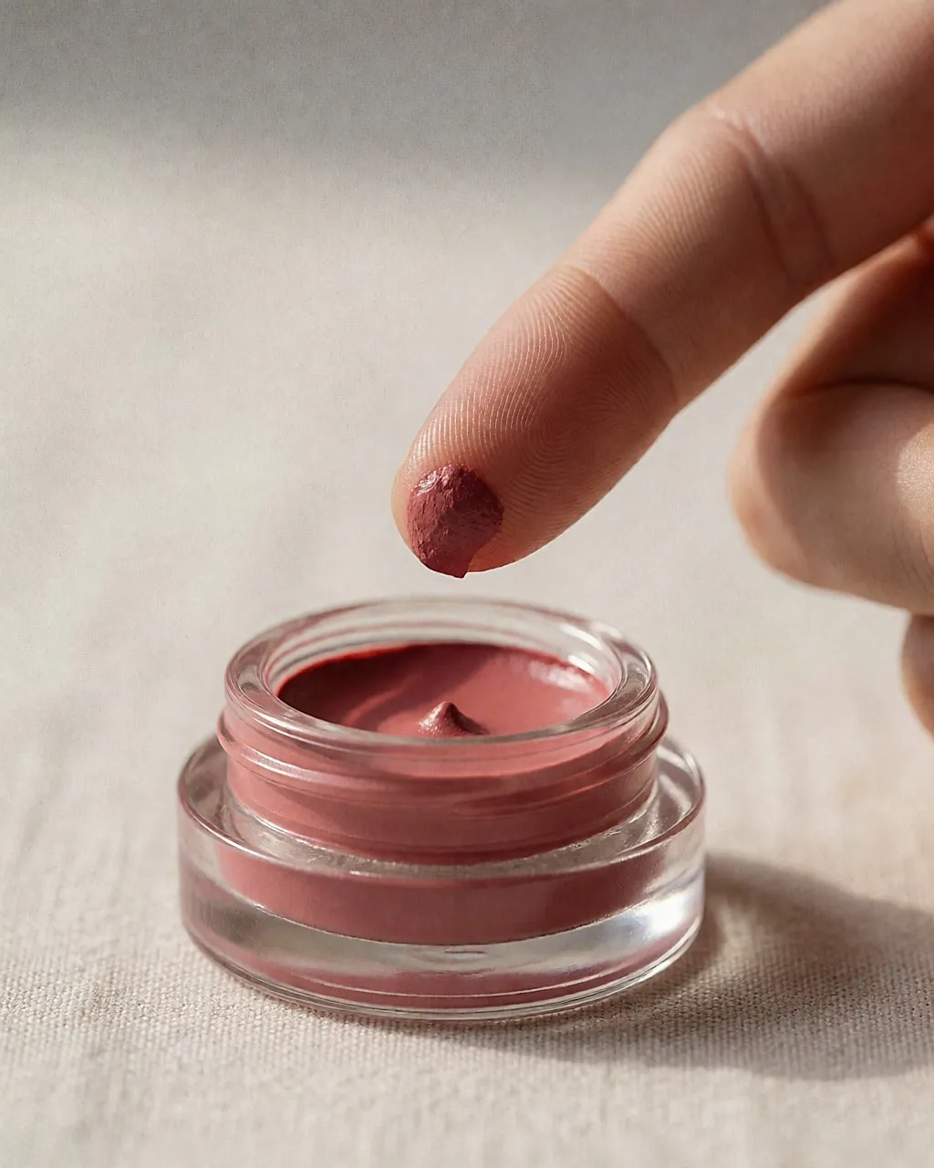 Yema del dedo cogiendo una pequeña cantidad de colorete en crema de un tarrito de cristal