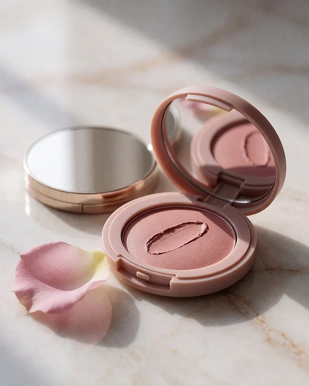 Tarro abierto de colorete en crema rosa con la marca de un dedo, junto a un pétalo de rosa sobre mármol