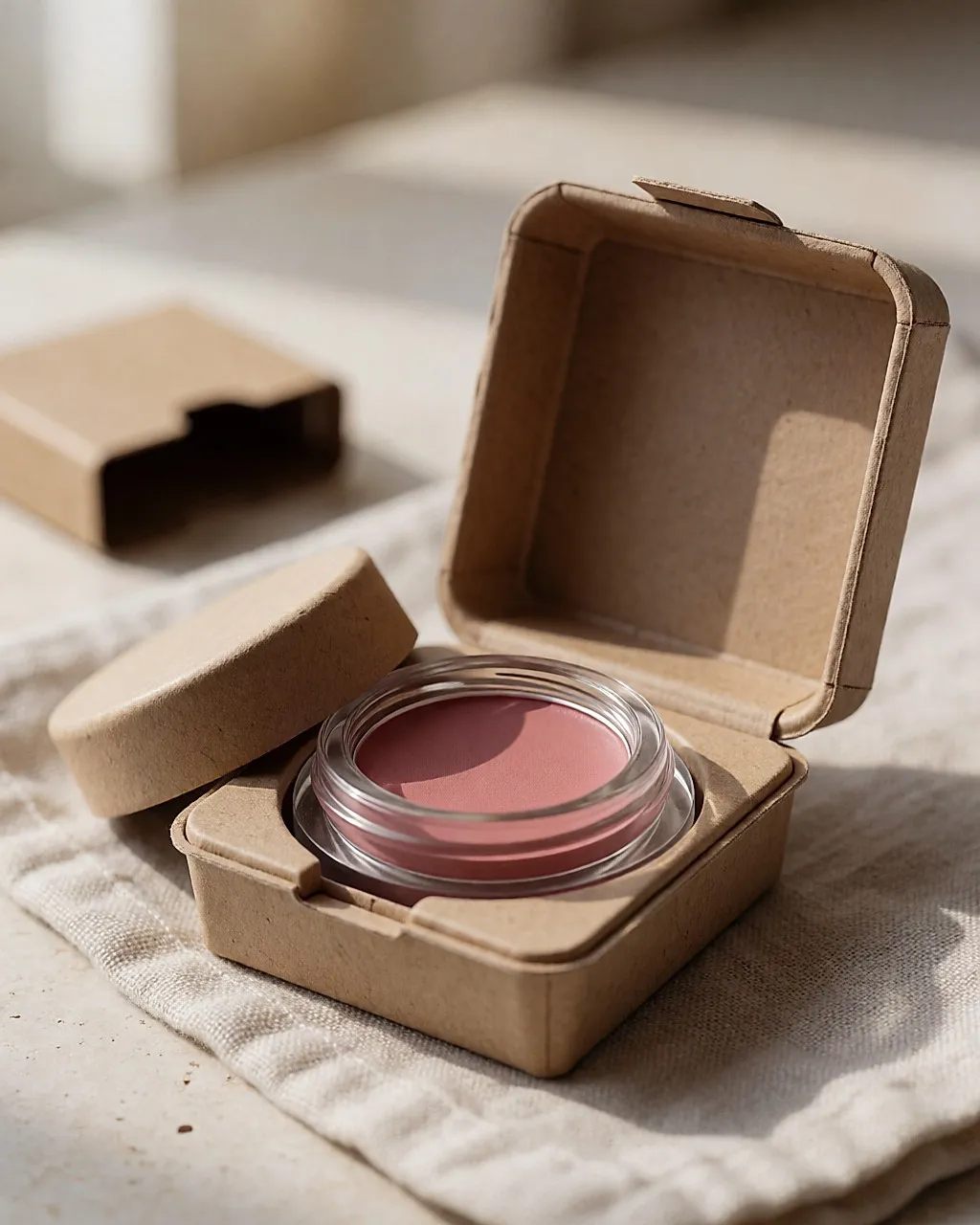 Colorete en crema rosa empolvado en un estuche rellenable de cartón reciclado, tarro de cristal abierto sobre lino