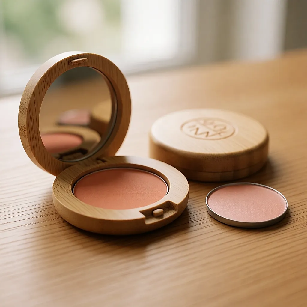Ein nachfüllbares Bambus-Etui mit pfirsichfarbenem Puder-Blush und Ersatzpfännchen