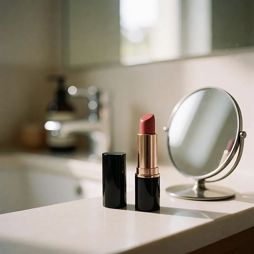 Ein Creme-Blush-Stick ohne Kappe auf einem hellen Badezimmerregal