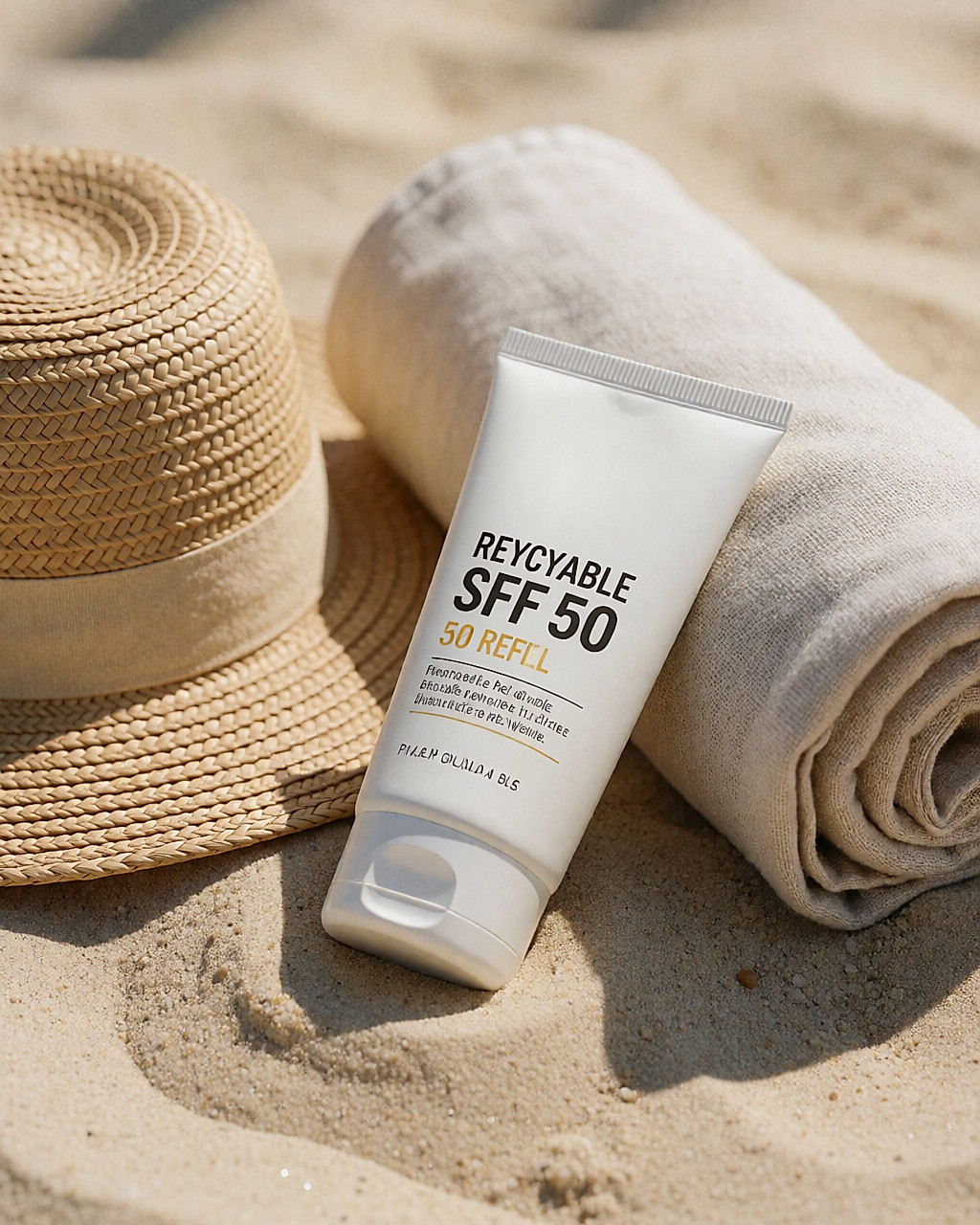Crème solaire SPF 50 en tube rechargeable posée sur le sable près d'un chapeau