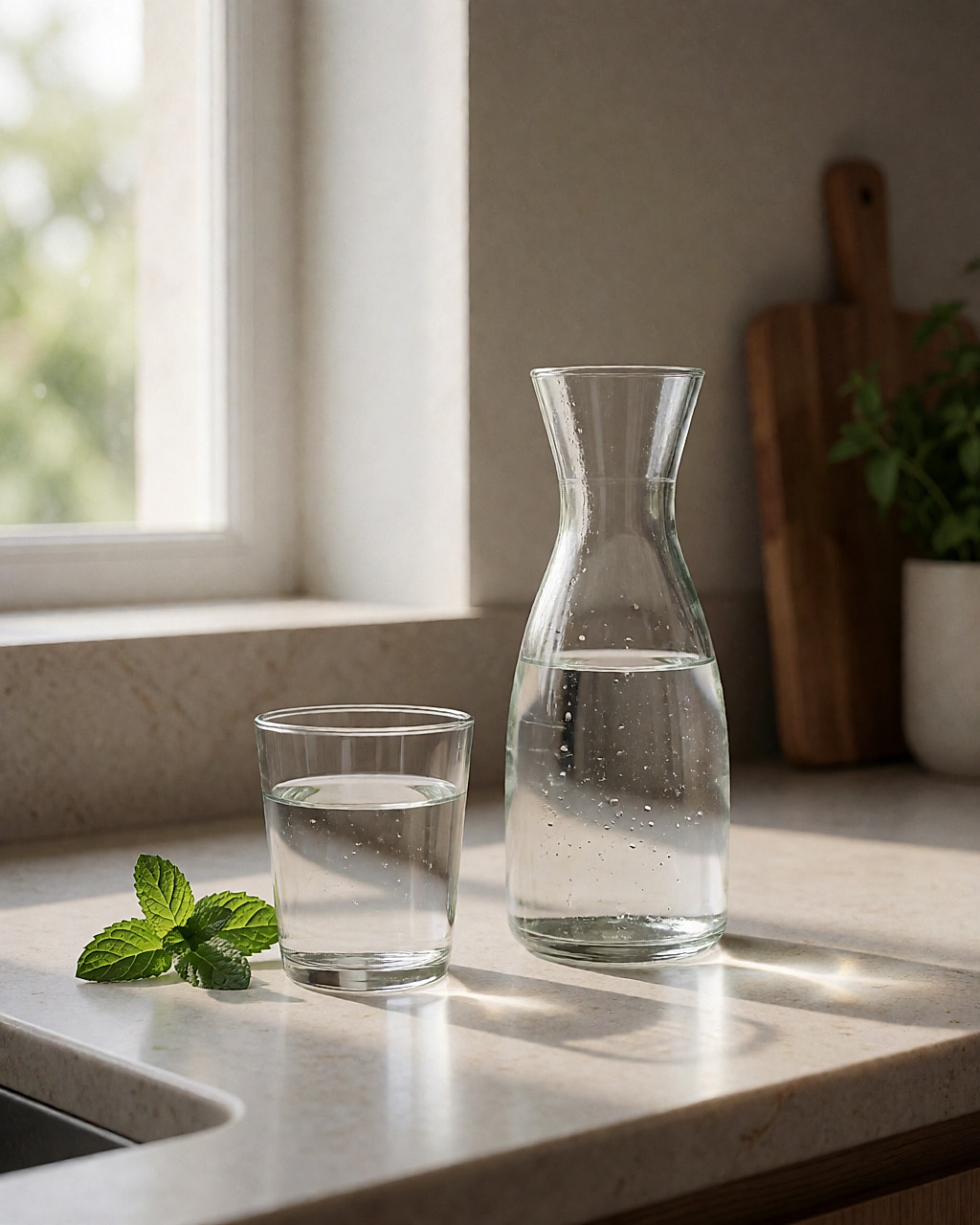 Carafe et verre d'eau sur un plan de travail en pierre, lumière du matin