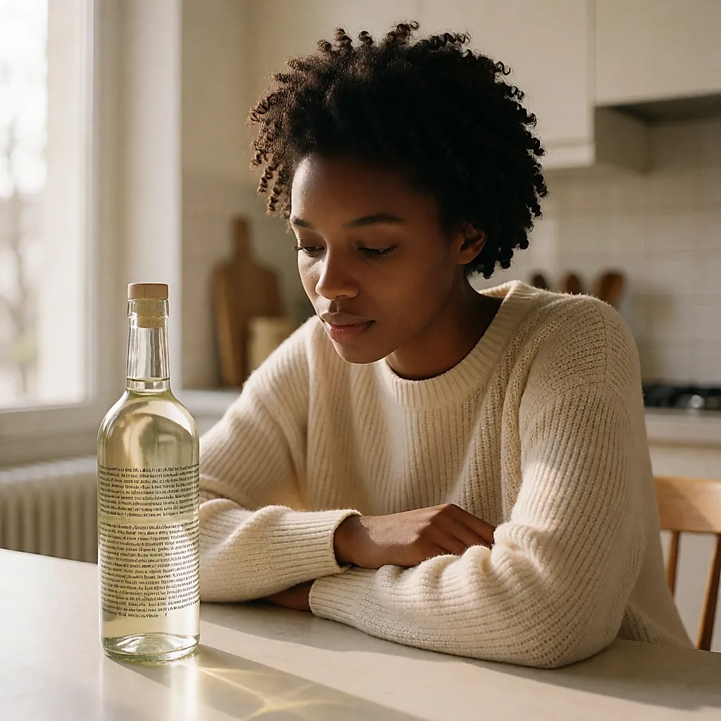 Jeune femme assise à une table de cuisine lisant le tableau nutritionnel d'une bouteille en verre
