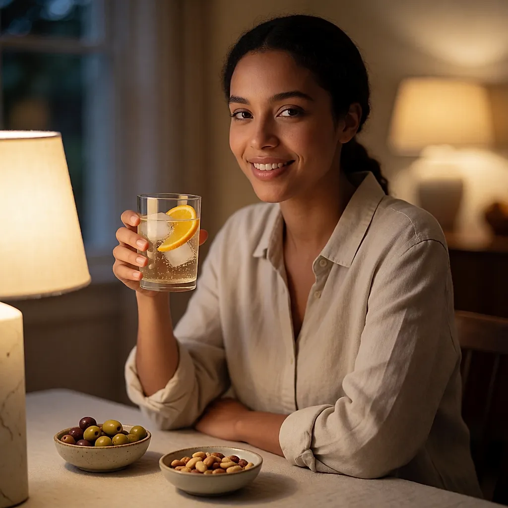 Jeune femme tenant un verre de boisson pétillante avec glaçons et tranche d'orange, à table le soir
