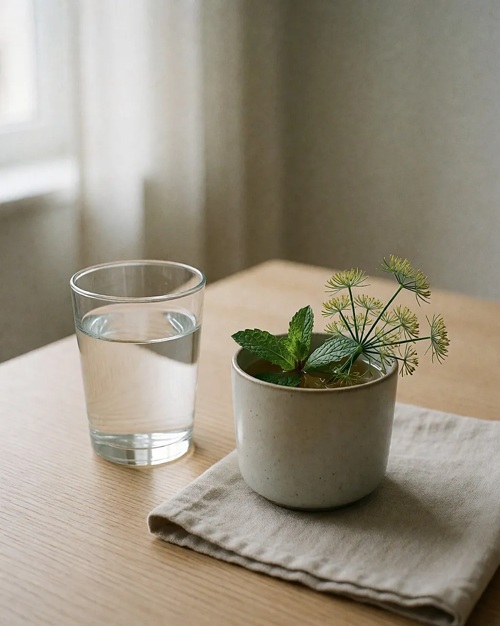 Vaso de agua y una infusión de hierbas frescas sobre una mesa de madera clara, junto a una ventana