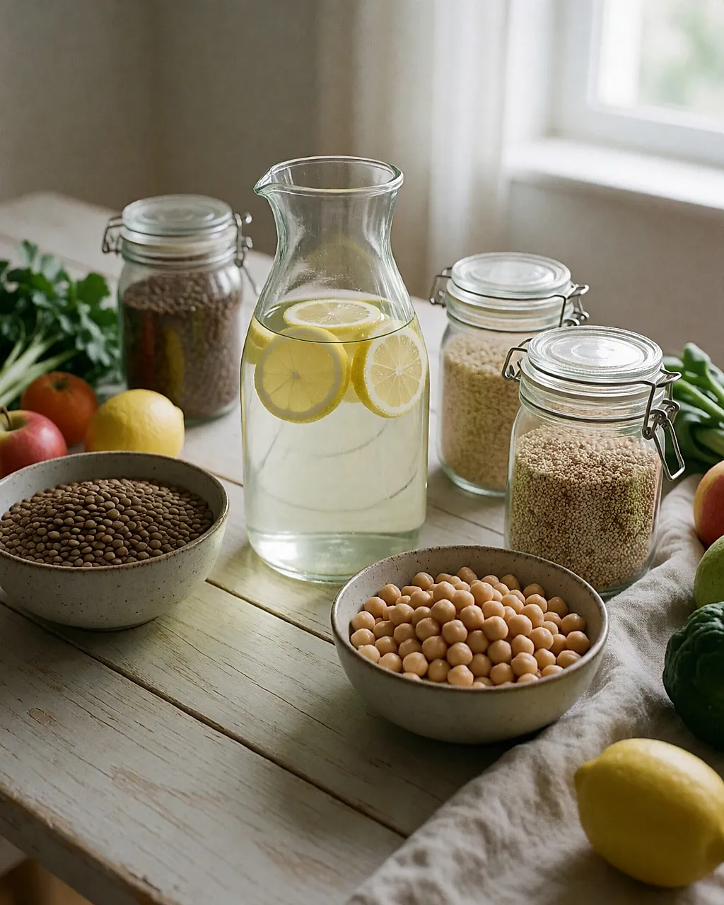 Agua con limón, legumbres, cereales integrales y fruta fresca sobre una mesa de madera