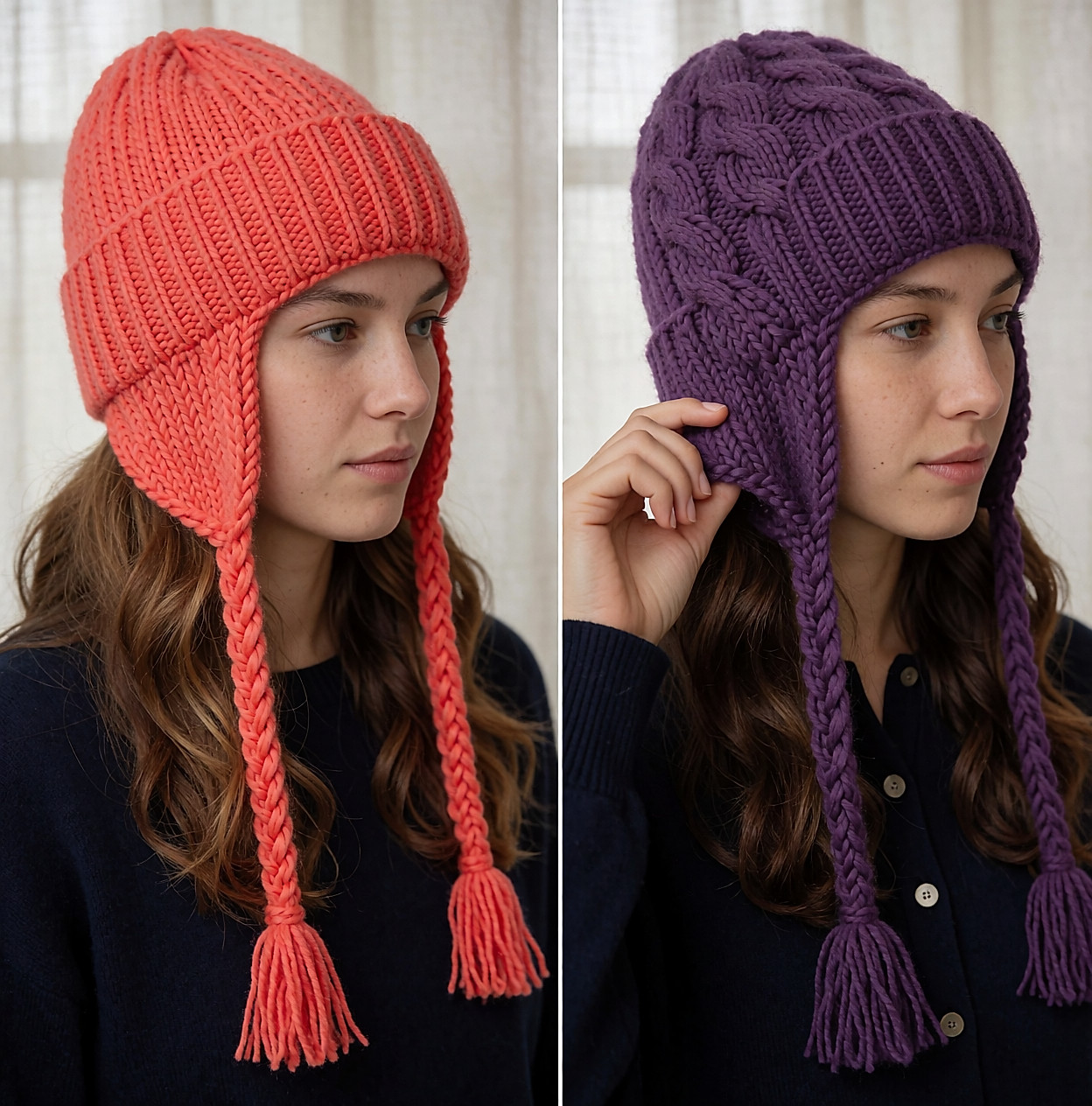 Deux bonnets posés sur un drap de lin, l'un en laine torsadée beige, l'autre en acrylique corail