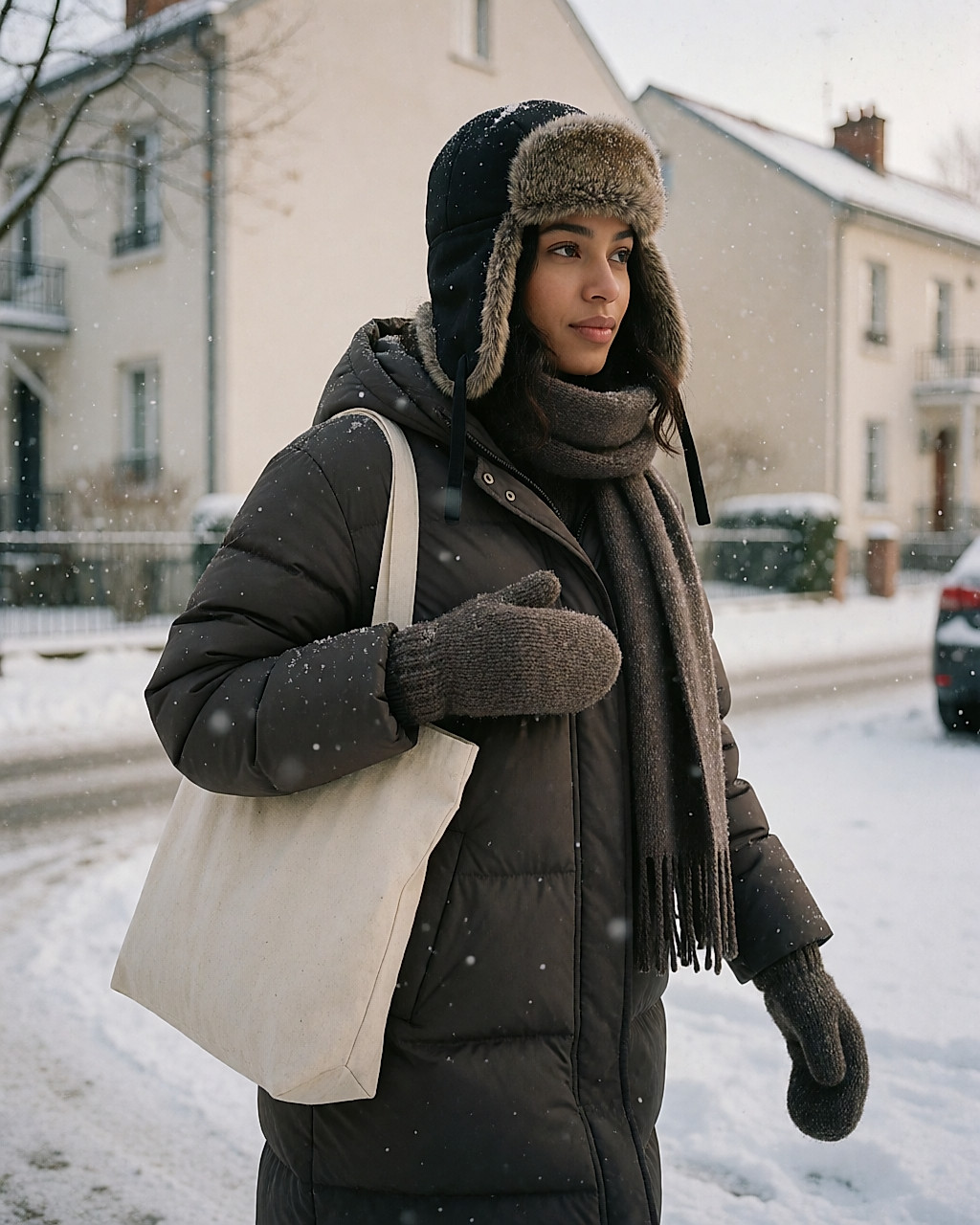 Jeune femme métissée marchant sous la neige, chapka à rabats baissés et manteau matelassé