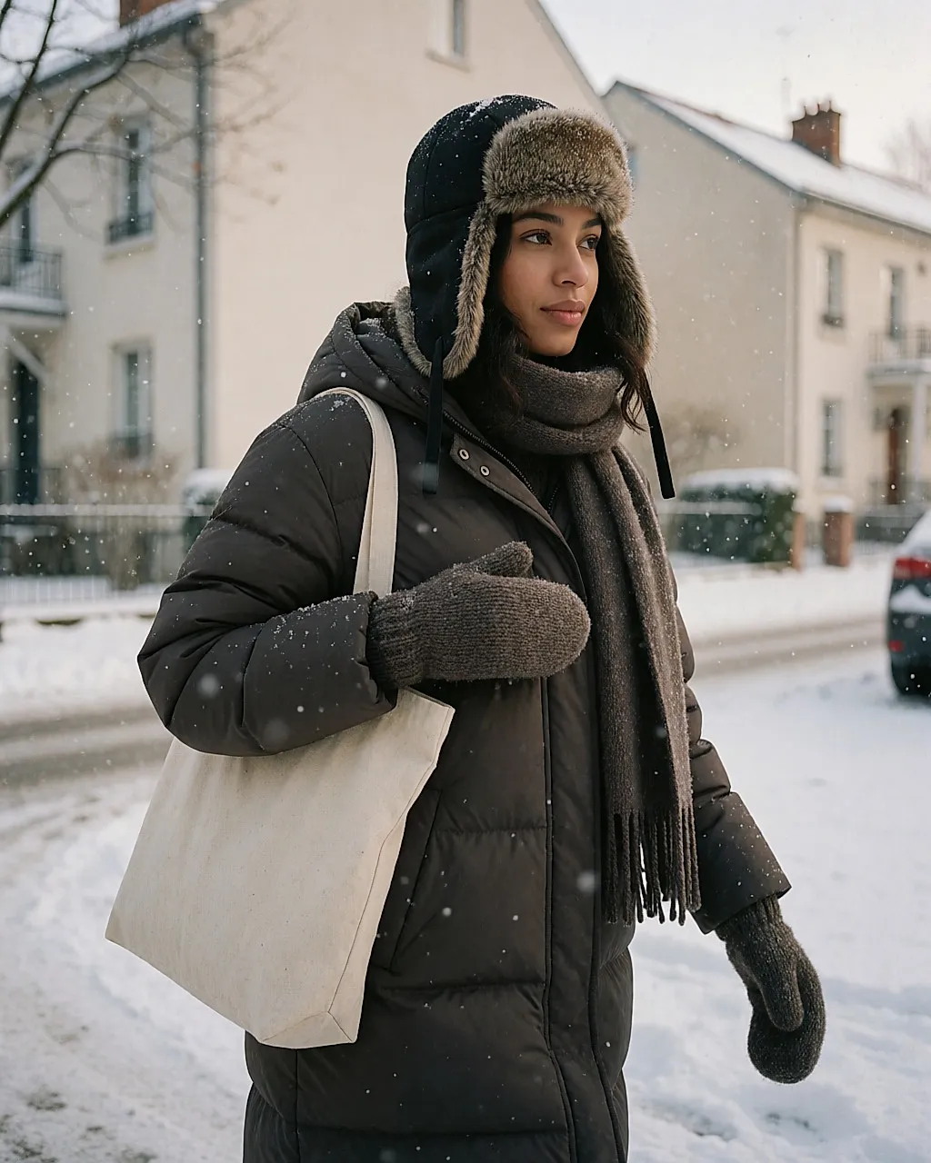 Junge Frau mit dunklerer Hautfarbe im Schnee, mit heruntergeklappten Klappen der Uschanka und gestepptem Mantel