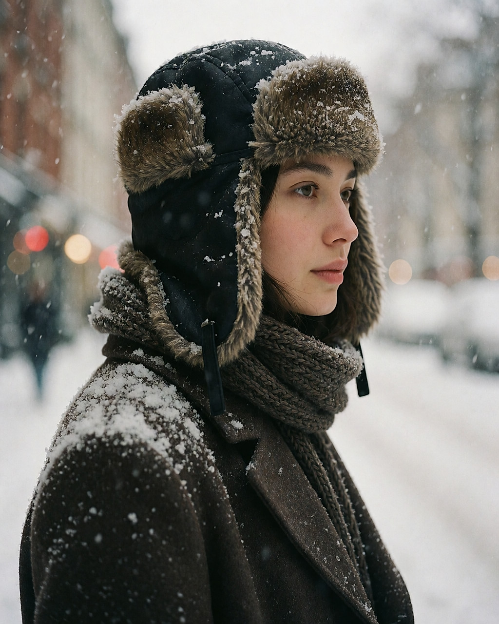 Portrait de profil d'une jeune femme sous la neige, chapka à rabats relevés et fausse fourrure