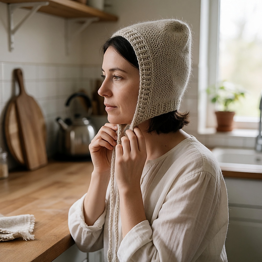 Eine Hand hebt eine Wollmütze aus einem kalten Wasserbad, auf einer Arbeitsfläche aus Holz