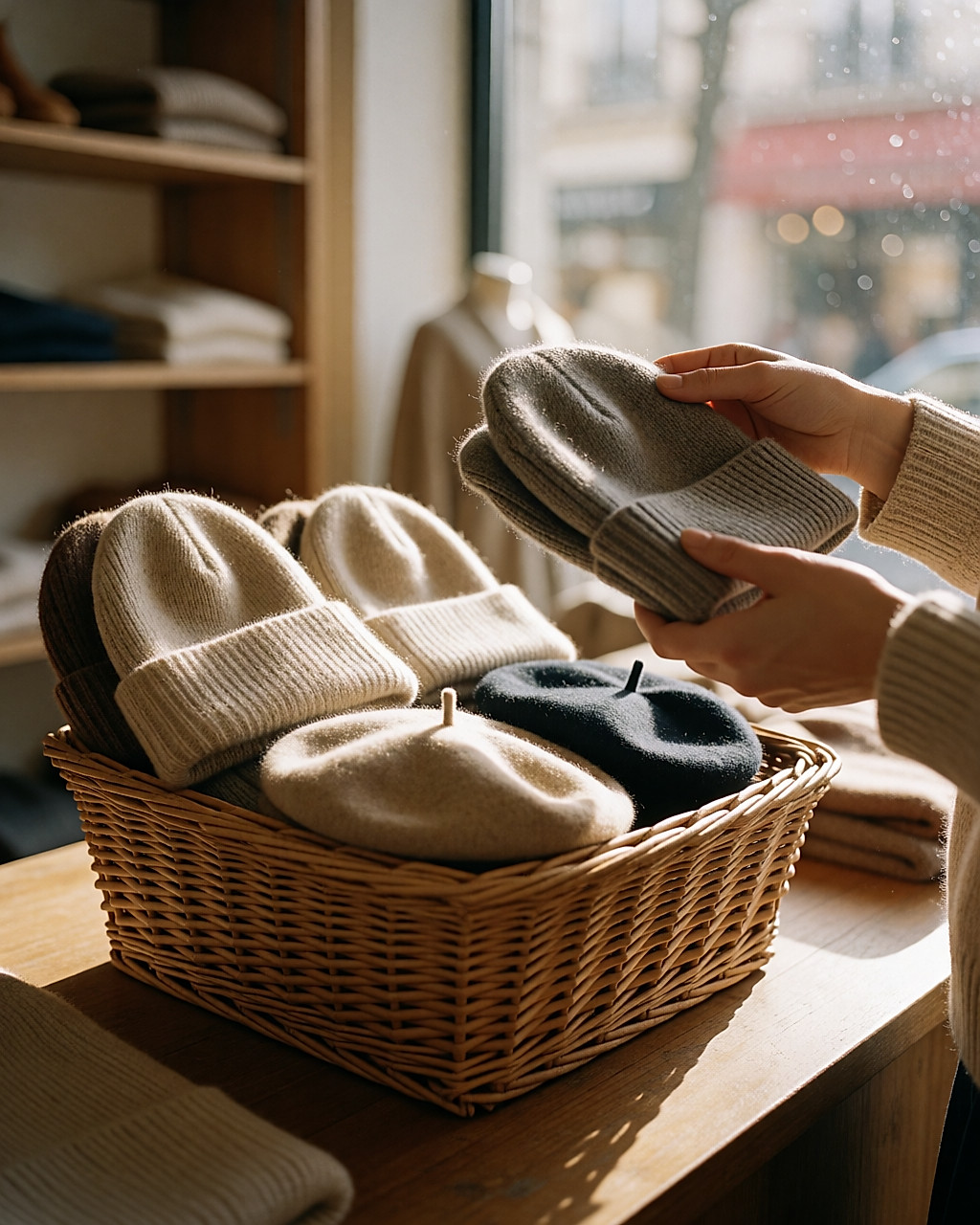 Panier de bonnets et bérets en laine d'occasion dans une friperie, mains en train d'en examiner un