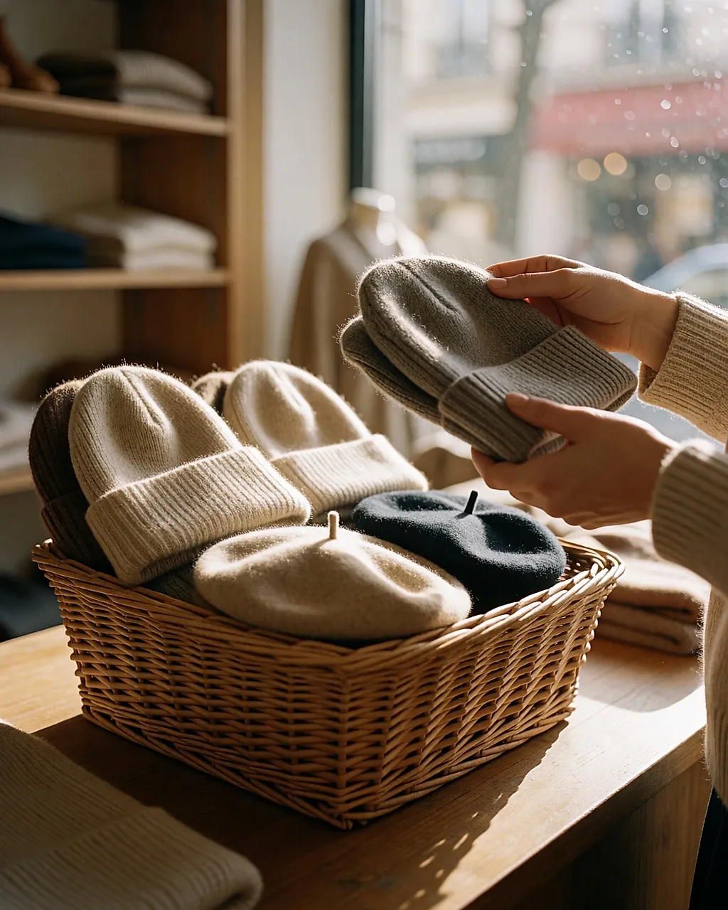 Korb mit gebrauchten Wollmützen und Bérets im Second-Hand-Laden, Hände prüfen eines davon