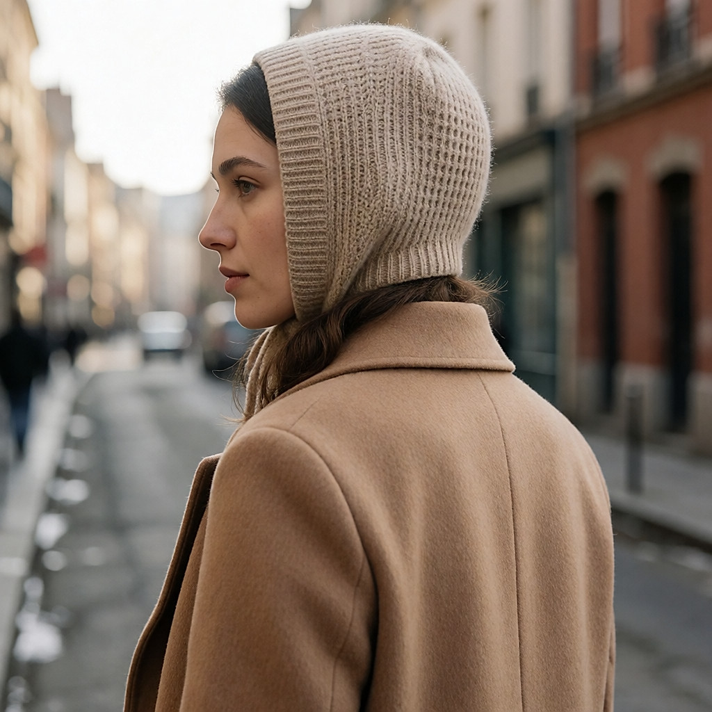 Junge Frau von hinten in einer Winterstraße, mit beiger Rippstrickmütze und kamelfarbenem Wollmantel