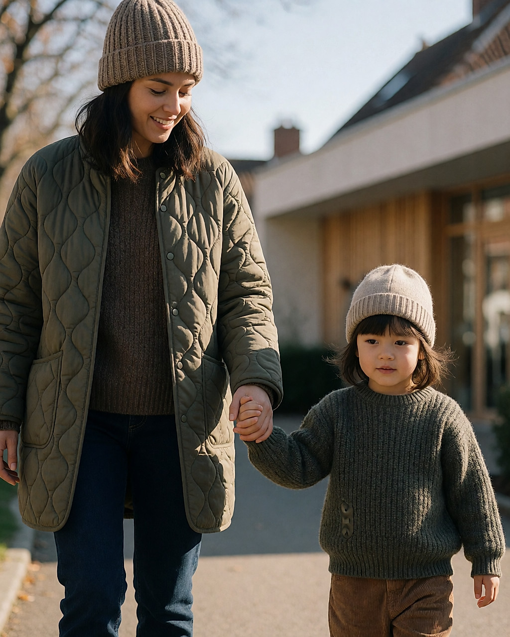 Jeune mère et enfant de trois ans, bonnets sur la tête, main dans la main devant la crèche