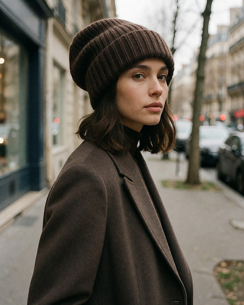 Jeune femme de trois quarts marchant en ville, bonnet oversize côtelé chocolat et manteau de laine