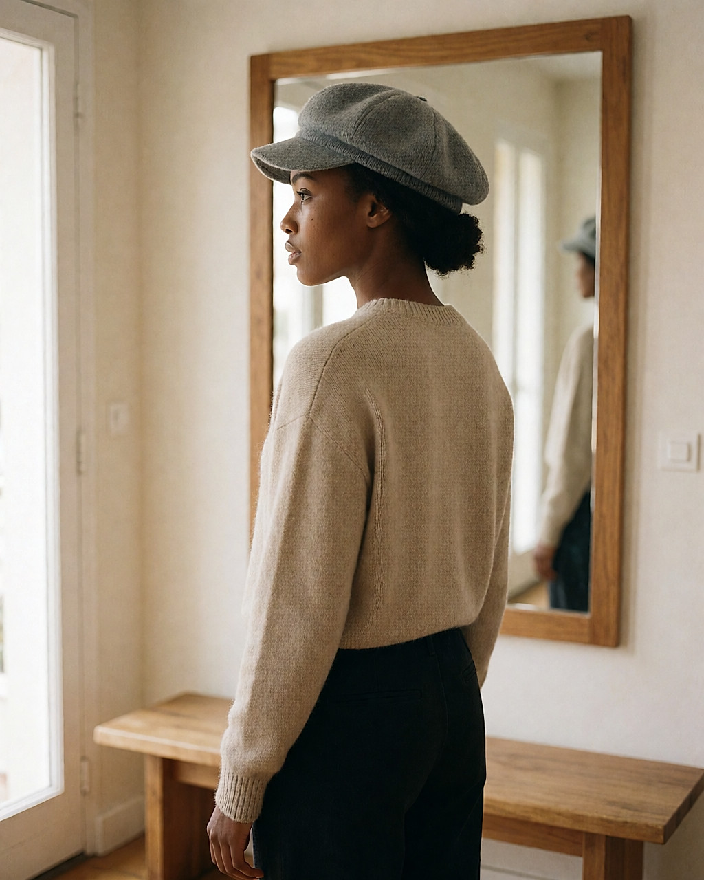 Trois quarts arrière d'une jeune femme en casquette de maille oversize, chignon bas visible