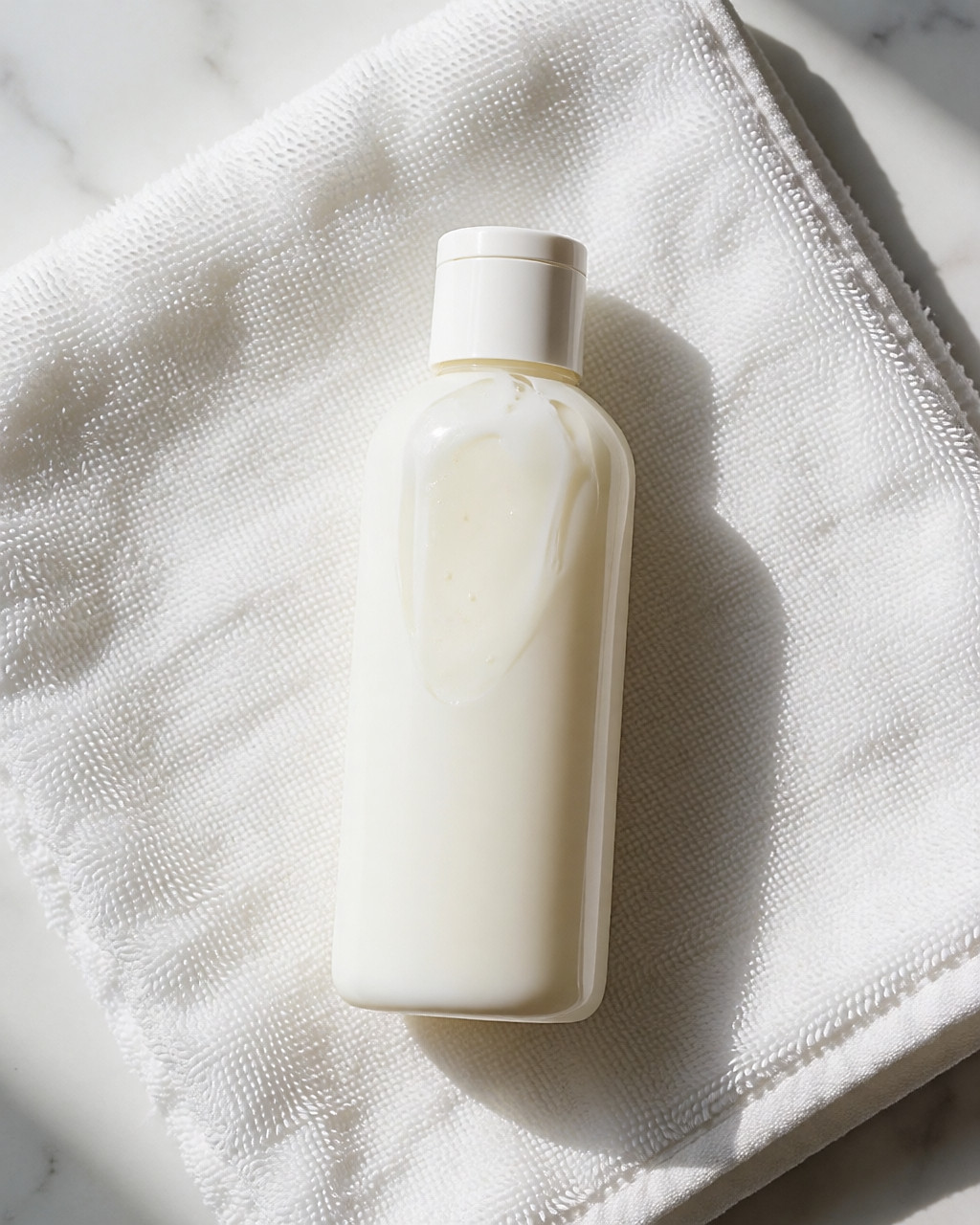 Flacon de shampoing lacté au format fin posé sur une serviette en lin blanc, vu de dessus