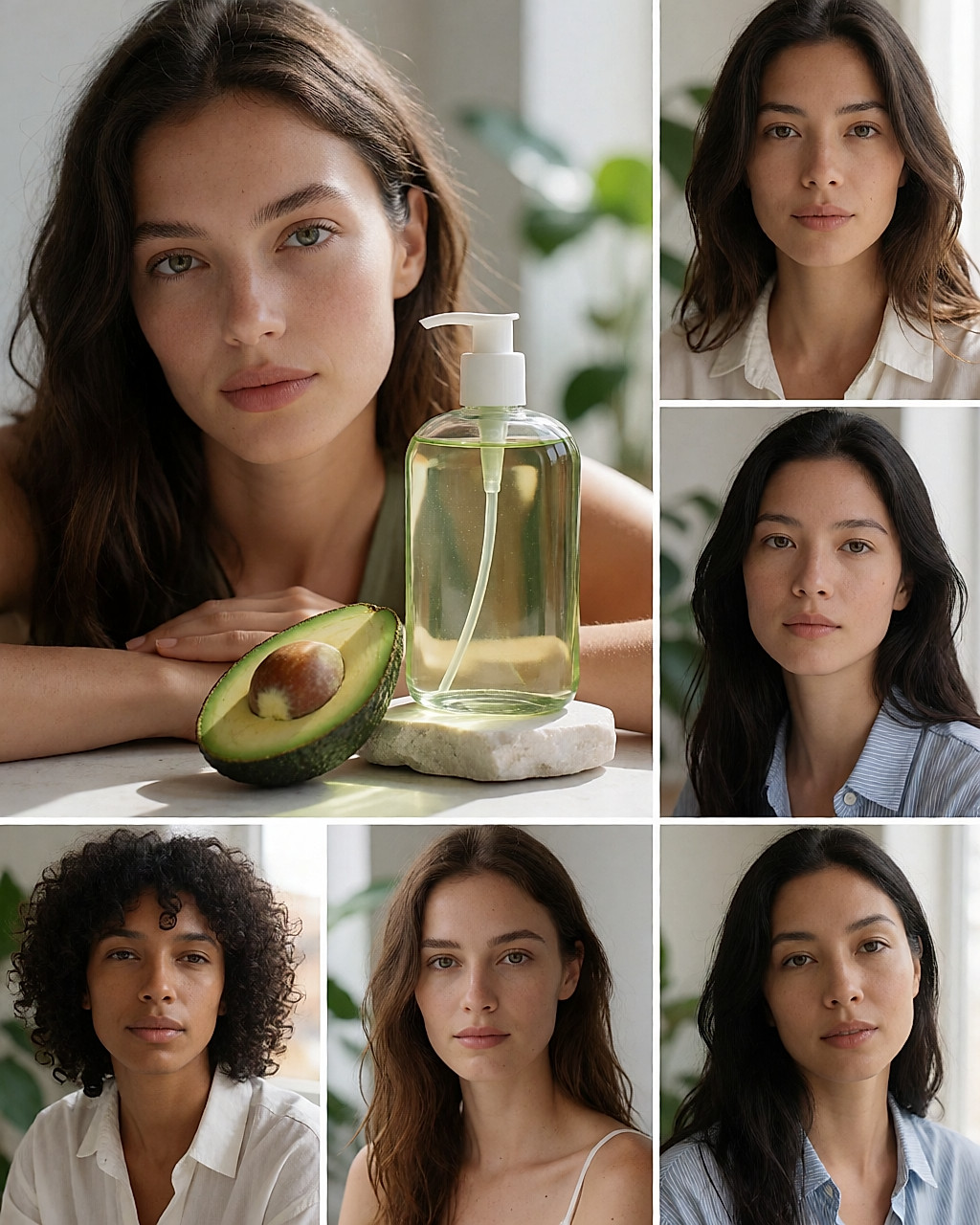 Flacon de shampoing à l'huile d'avocat posé près d'un avocat coupé sur une pierre claire
