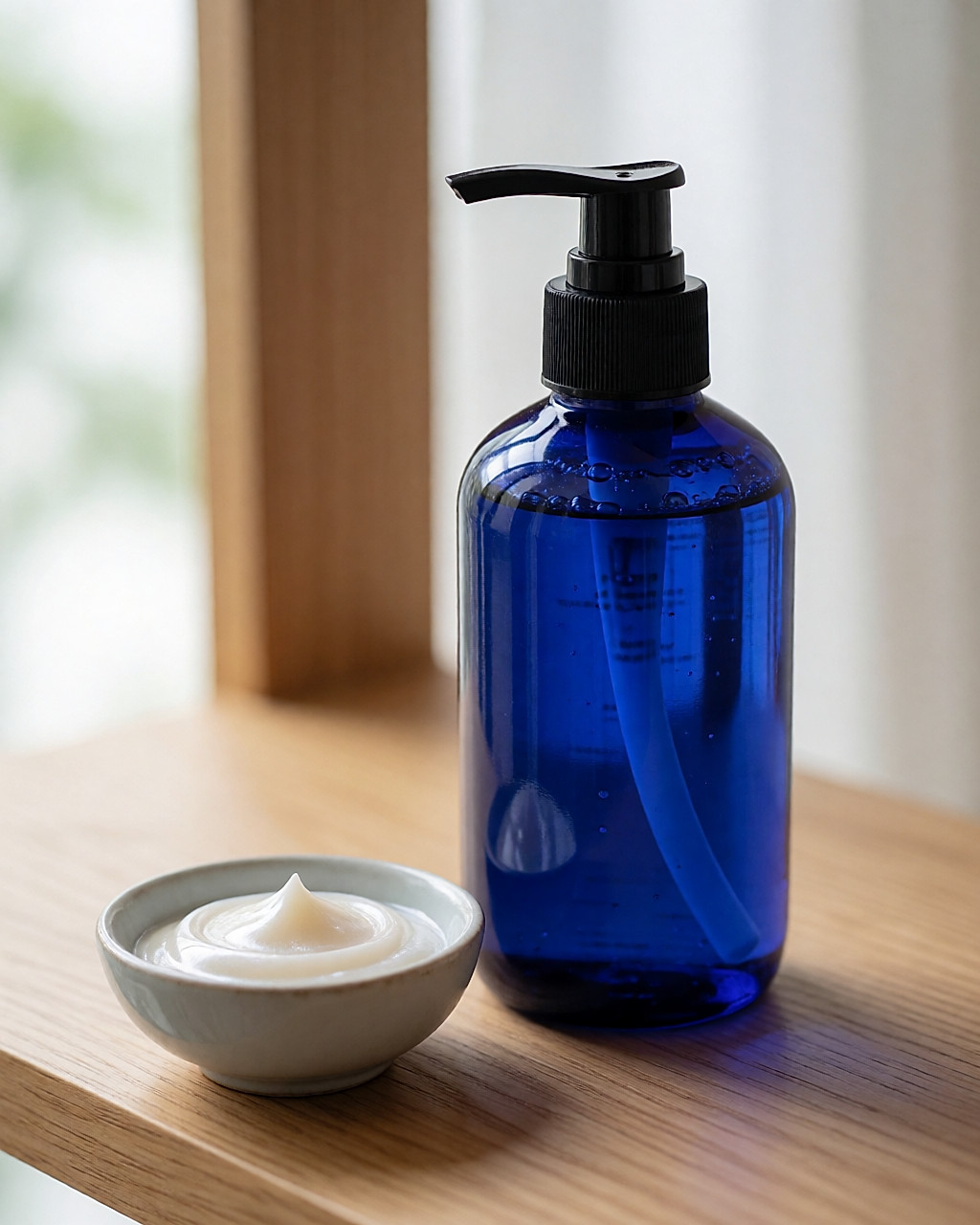 Flacon bleu nuit à la formule crémeuse et coupelle de shampoing nacré sur une étagère