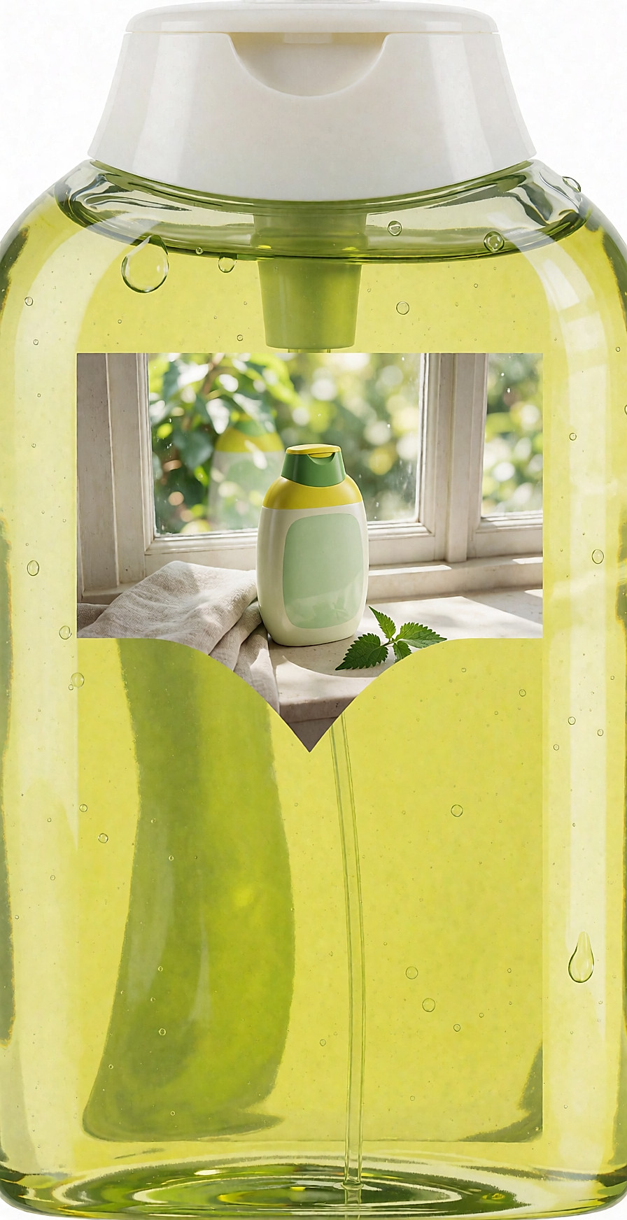 Flacon de shampoing sans marque vert et jaune posé sur un rebord de salle de bain clair