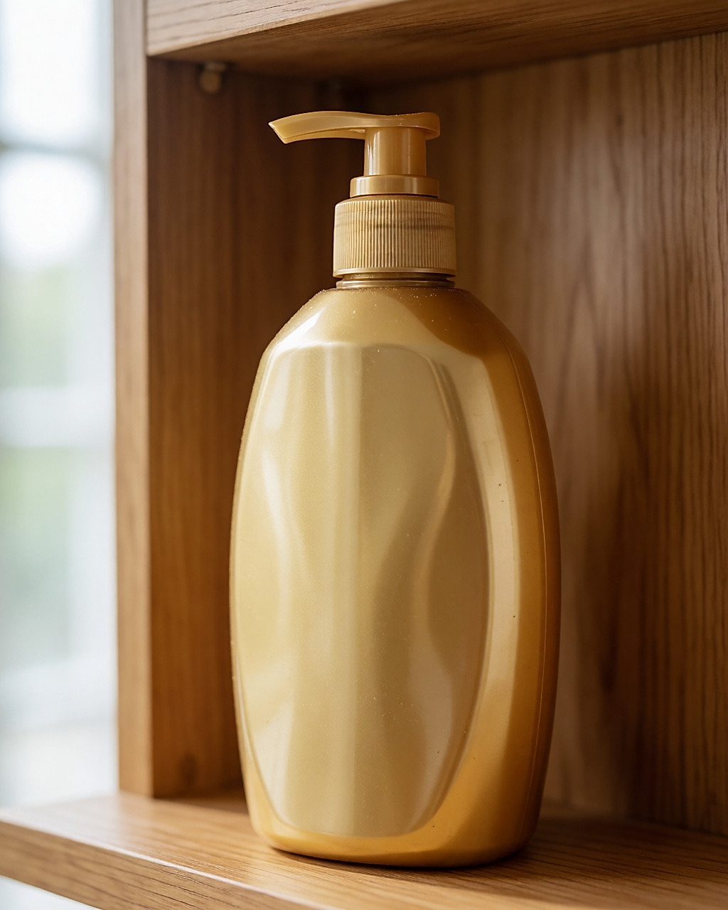 Grand flacon de shampoing doré sans marque posé sur une étagère de salle de bain en bois clair