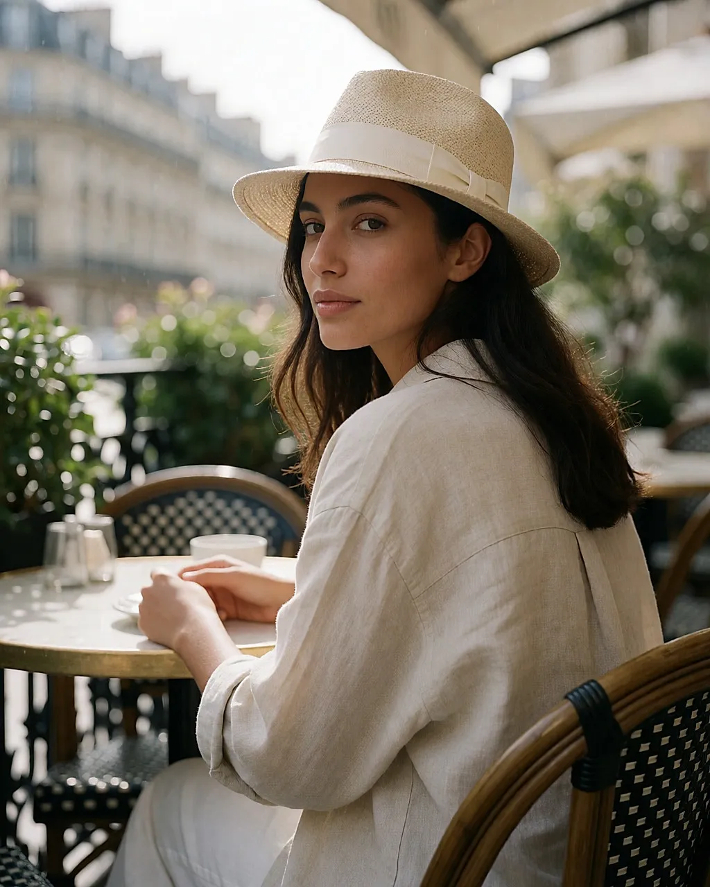 Femme attablée en terrasse, panama à ruban clair et chemise de lin oversize