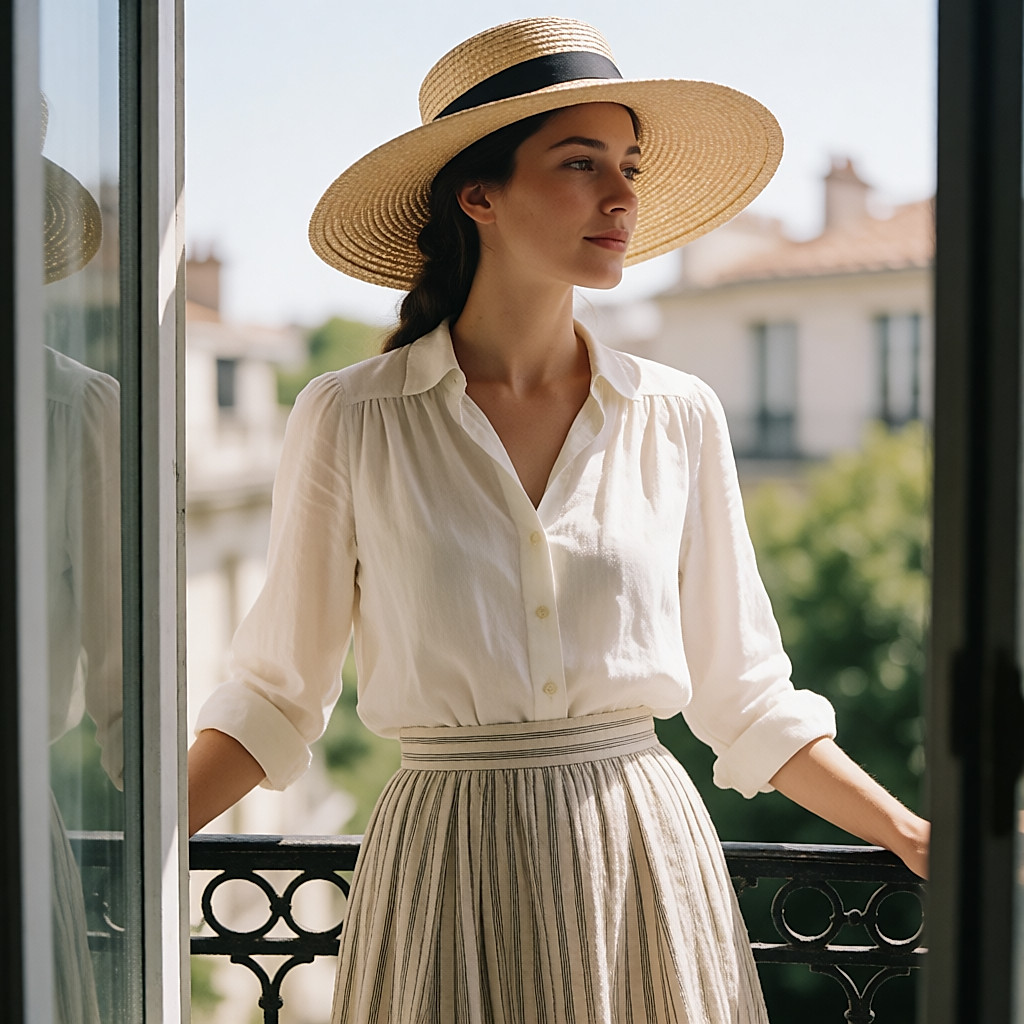 Jeune femme en chapeau de paille à large bord sur un balcon très ensoleillé