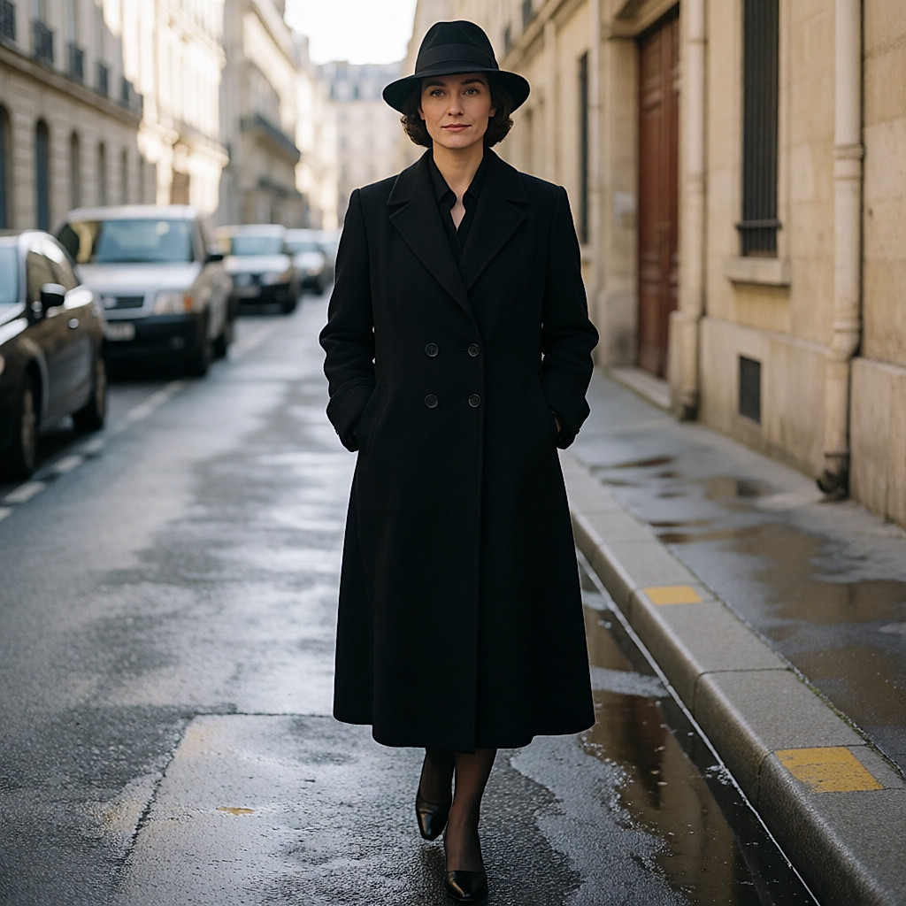 Femme en borsalino de feutre noir et manteau long dans une rue urbaine après la pluie